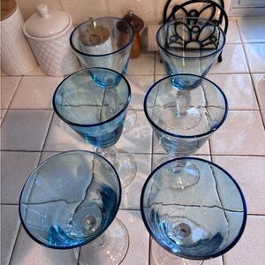 Set of Six Light Blue Rimmed Wine Glasses